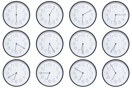  A set of twelve round wall clocks with dark brown frames and white faces showing 5-minute time intervals from 06:00 or 18:00 to 06:55 or 18:55. Clean white background, ideal for time, schedule, and d