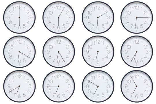  A set of twelve round wall clocks with dark brown frames and white faces showing 5-minute time intervals from 06:00 or 18:00 to 06:55 or 18:55. Clean white background, ideal for time, schedule, and d