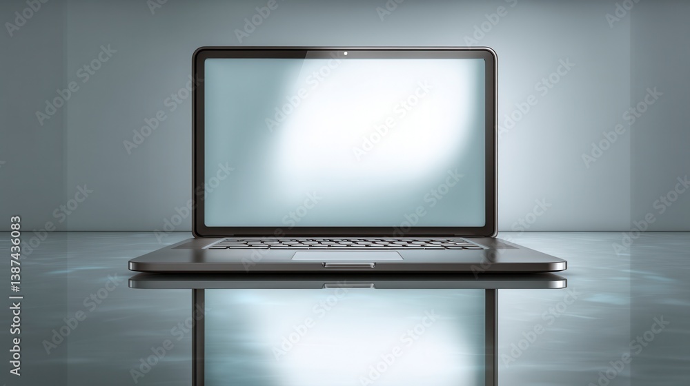 Poster modern laptop with blank screen reflecting on a sleek surface in a minimalist setting.