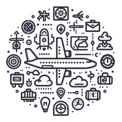 Fototapeta premium Airplane surrounded by travel and transportation icons in a circular design 