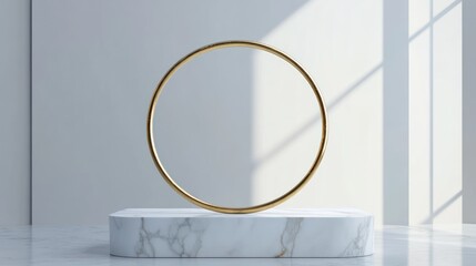 Minimalist Gold Circle on Marble Podium in Bright Room