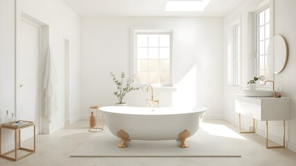 Scandinavian Modern White bathroom With Window, White Tub