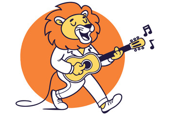 Naklejka premium Playful Cartoon Lion Playing Guitar – Cheerful Retro Illustration with Bold Colors