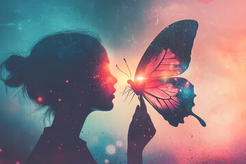 Metamorphosis: A silhouette of a woman tenderly interacts with a vibrant, ethereal butterfly, against a backdrop of swirling colors. Embodying the themes of transformation and inner beauty.