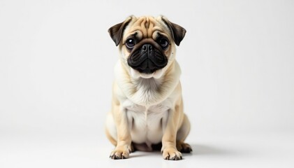 Obraz premium Adorable pug dog sits alone on white background, isolated, expression