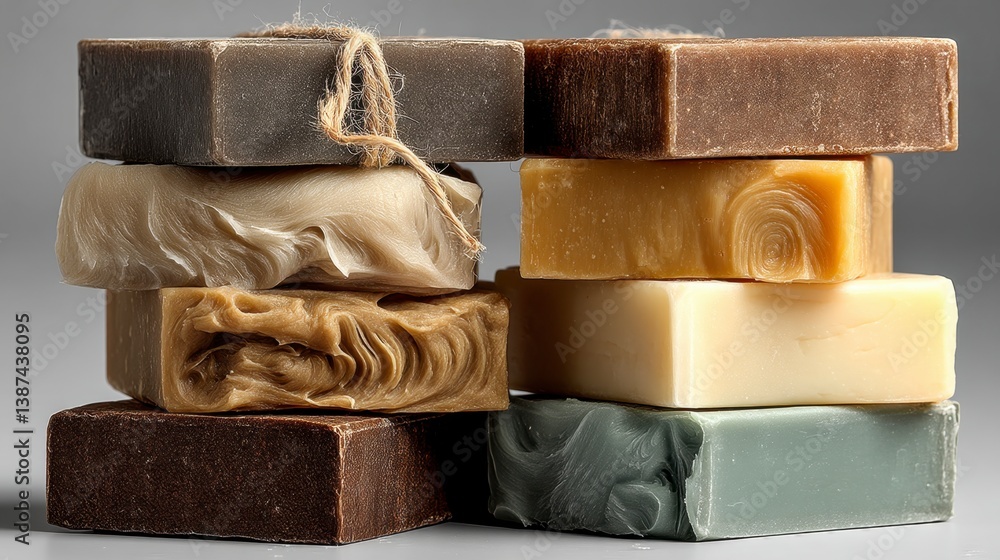 Poster Artisan handmade soaps in various colors and textures stacked on a neutral background.