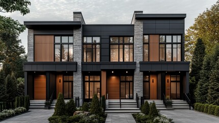 Fototapeta premium A beautiful modern townhouse facade with dark wood and metal accents, showcasing a sophisticated minimalist design.
