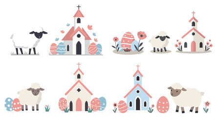 Easter lambs and churches in a whimsical style with pastel colors  