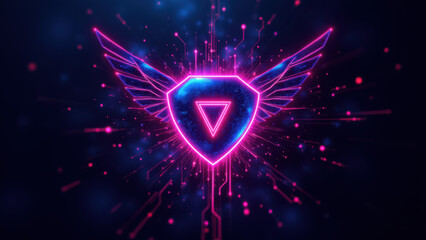 A futuristic shield emblem with cybernetic elements, representing digital protection.