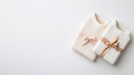 Two cream-colored knit sweaters are shown, one folded and tied with a ribbon. They rest on a white background. The image is clean and bright, with soft lighting. The style is minimalist and elegant.