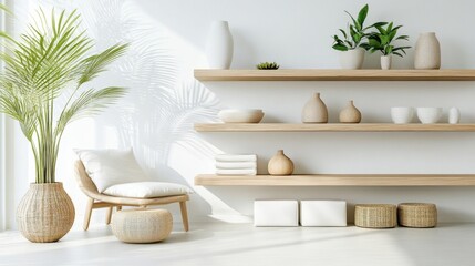 A bright and airy space with modern cube storage boxes arranged beautifully on floating shelves.