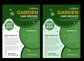 lawn care garden or landscaping services Tree and gardening service poster leaflet design. lawnmower flyer template.