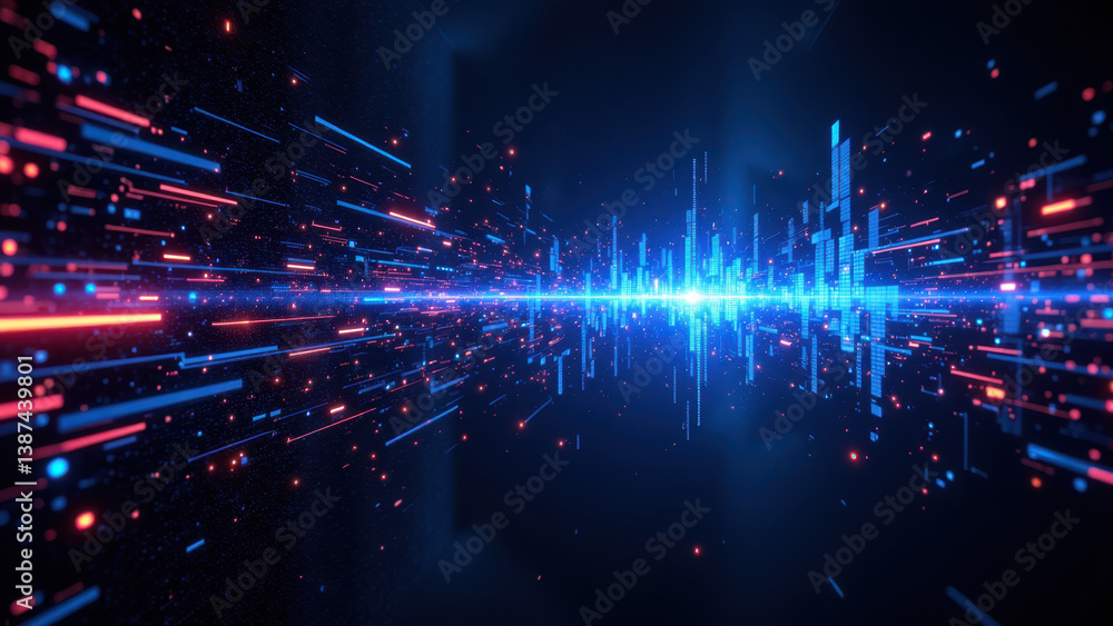 Poster cybersecurity themed image with a futuristic digital tunnel background featuring bright neon colors 