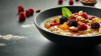 A warm bowl of oatmeal topped with honey, berries, and nuts. Featuring comfort and nutrition