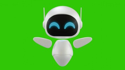 Cute 3D mini robot character animation with hand waving motion. Green screen background. Perfect looping. Artificial intelligence virtual assistant robot.
