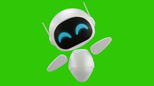 Cute 3D mini robot character animation with hand waving motion. Green screen background. Perfect looping. Artificial intelligence virtual assistant robot.