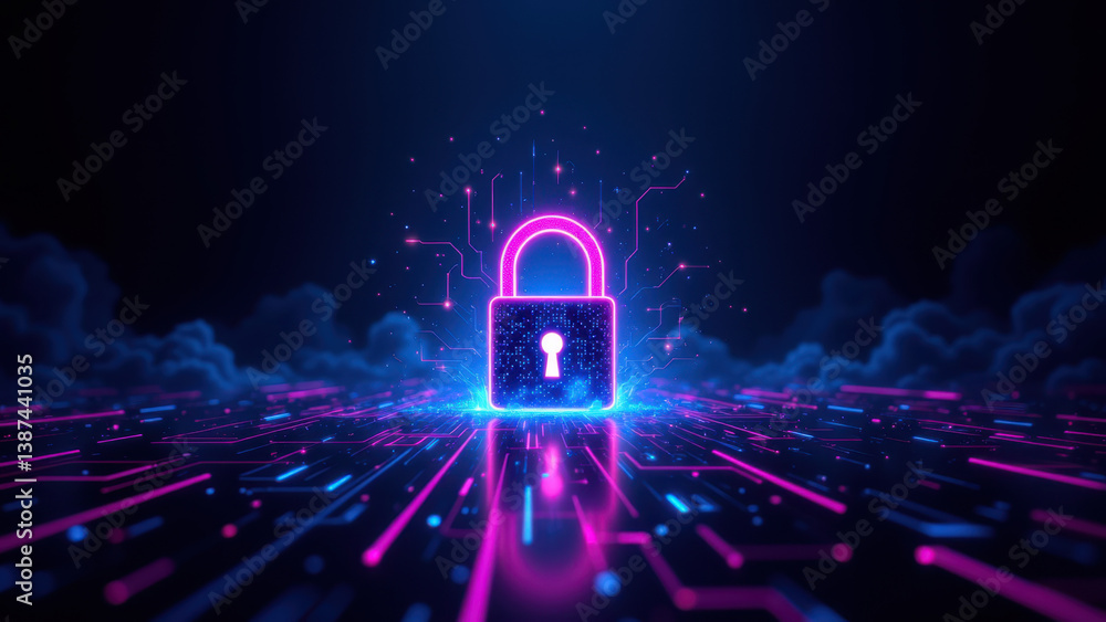 Poster a futuristic cyber lock icon on a digital platform with neon lights and abstract cloud elements, sym