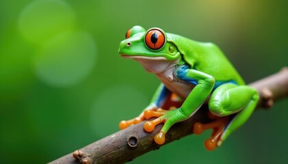 Naklejka premium Green tree frog, perched on white, vibrant skin, reptile, isolated, closeup