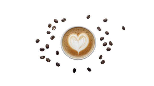 A cup of coffee with a heart-shaped latte art on top, surrounded by scattered coffee beans, Transparent background, PNG file. - Powered by Adobe