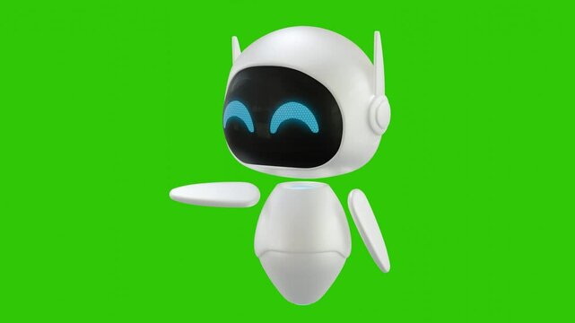 Cute 3D mini Robot character animation with sideways pointing movement. Green screen background. Perfect looping. Artificial intelligence virtual assistant robot.
