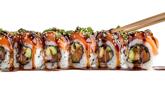 A delicious sushi roll with fresh ingredients, dripping soy sauce, held by chopsticks, Transparent background, PNG file, showcasing the delicate layers of the sushi and the dripping sauce.