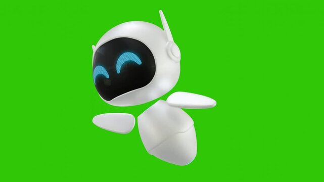 Cute 3D mini robot character animation with flying motion. Green screen background. Perfect looping. Artificial intelligence virtual assistant robot.
