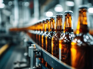 Row of amber glass bottles moving along a production line in a brewery, capturing the shine and reflections with depth of field, emphasizing the industrial process
