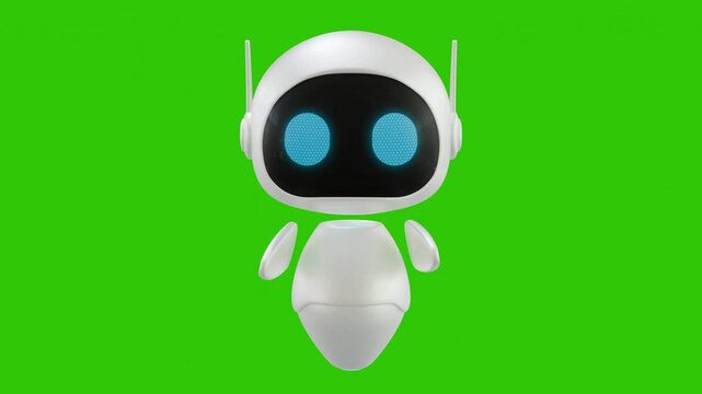 Cute 3D mini Robot character animation with front pointing movement. Green screen background. Perfect looping. Artificial intelligence virtual assistant robot.