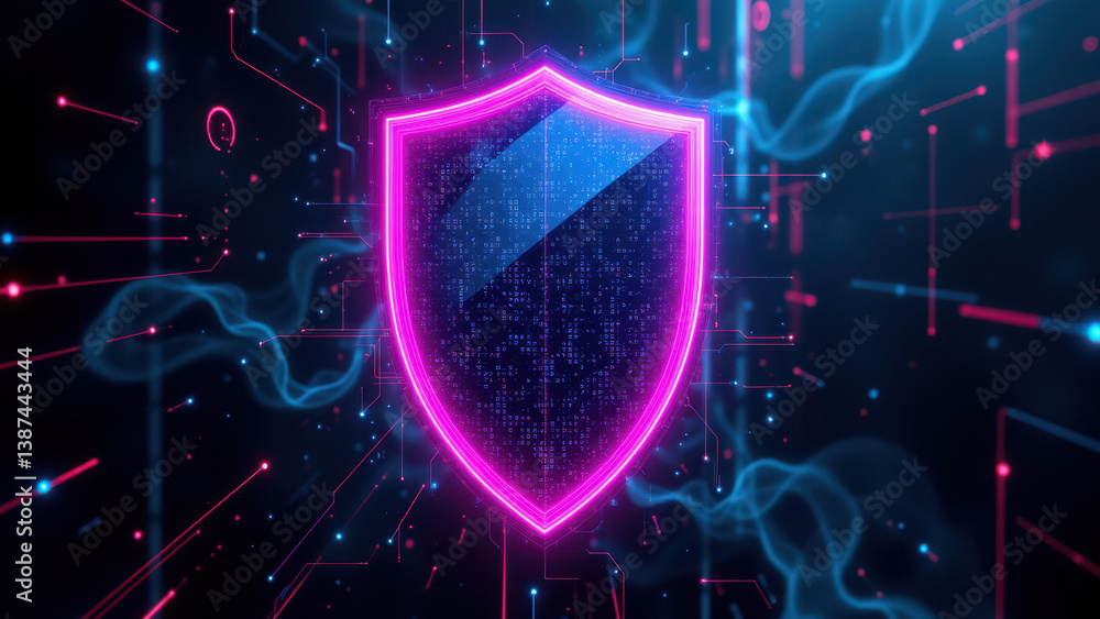 Poster stylized graphic of a shield with binary code and digital elements, representing cybersecurity prote