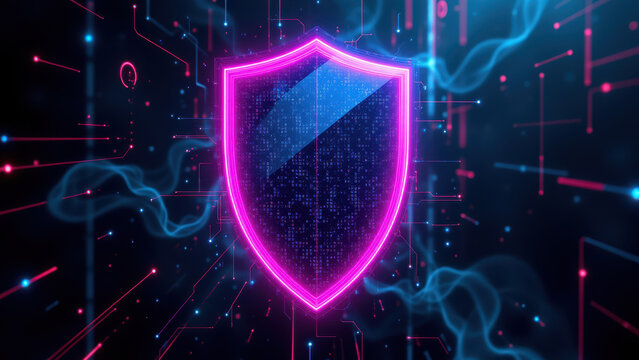Stylized graphic of a shield with binary code and digital elements, representing cybersecurity protection.