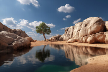 Obraz premium portrays a stunning desert landscape with a serene and natural composition, emphasizing the beauty of rugged terrain and tranquil elements