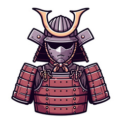 Japanese samurai armor with helmet and facemask in red and purple tones. Ideal for historical warfare exhibitions, cultural heritage displays, and martial arts themes.