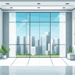 Modern office lobby with glass windows and city view in realistic style. Ideal for corporate real estate, business center promotions, and architectural visualization.