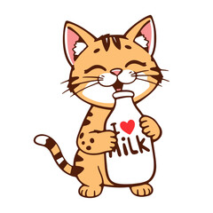 cat with a bottle of milk, I love milk cartoon illustration