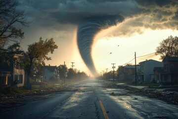 Tornado Approaching Small Town, dramatic storm clouds signal impending calamity, destruction and survival at stake.