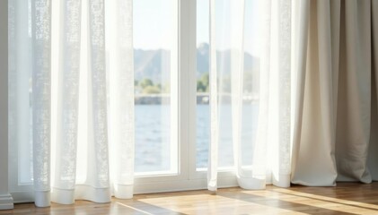 Fototapeta premium Simple white linen curtains, soft natural folds , elegant, folds, natural