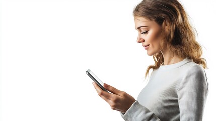 Naklejka premium Businesswoman conducting an online banking transaction on her smartphone The isolated white background underscores the electronic nature of the task
