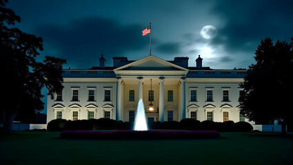 Naklejka premium Dramatic Nighttime Photograph of a Grand Building with American Flag and Full Moon, Evoking a Sense of History, Power, and Awe Under the Luminous Moonlight and Starry Skies