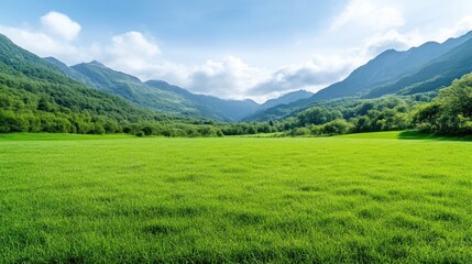 Lush green meadow stretches beneath towering mountains