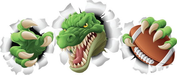 A crocodile, dinosaur or alligator lizard sports mascot holding an American football ball © Christos Georghiou