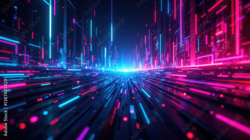 Poster cybersecurity scene with neon digital tunnels and glowing data flow on a dark background.