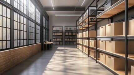 A loft-style room with artistic storage boxes placed neatly on industrial metal shelves.