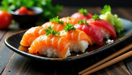 Vibrant sushi platter, chopsticks, ginger, wasabi , clean, dinner, texture