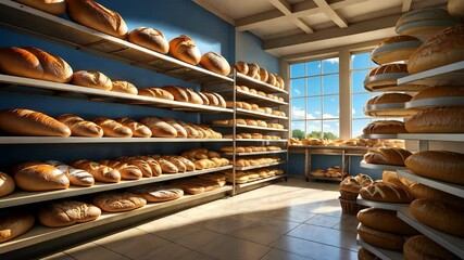 Artisanal bakery showcasing freshly baked loaves, displaying delectable bread on shelves - Powered by Adobe