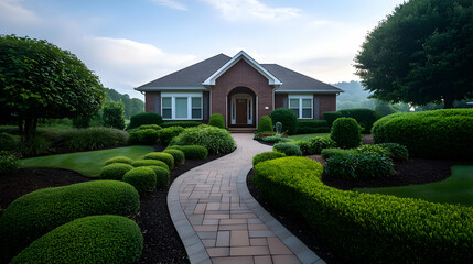 Fototapeta premium Brick Ranch House with Landscaped Yard and Two Car Garage