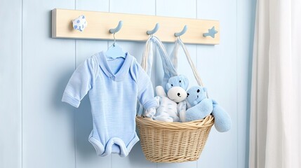 Small nursery hook holding up baby basket with plush toys and clean pajamas