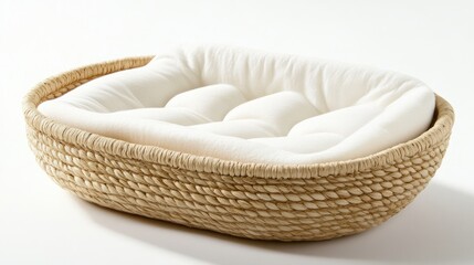 Soft cream-colored changing pad with three safety sides placed inside woven storage basket