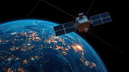 Satellite orbits above Earth, illuminating city lights. Space technology and global communication concept.