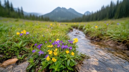 Obraz premium Wildflowers in bloom along a serene mountain stream, vibrant purple and yellow blossoms in lush green meadow, and scenic nature landscape with distant forest and peaks.