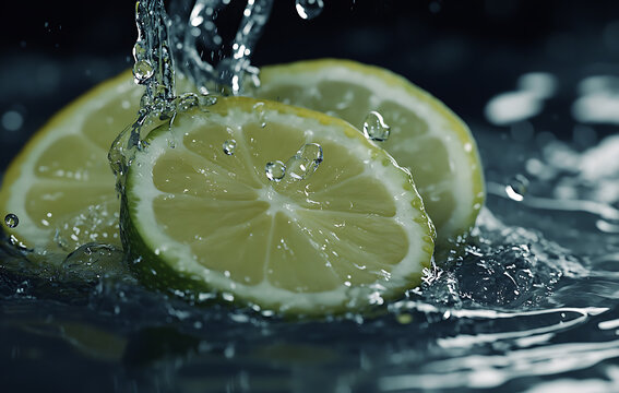 Sliced lemon and lime with water splashes, refreshing citrus theme 